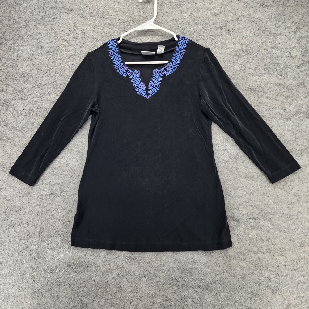 Chicos Travelers Shirt Womens 0 3/4 Sleeve V Neck Black